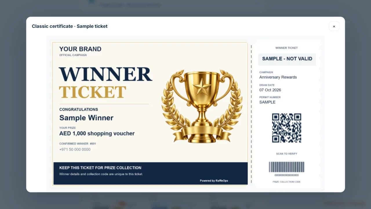 نموذج تذكرة فائز بهوية الشركة والتحقق عبر QR