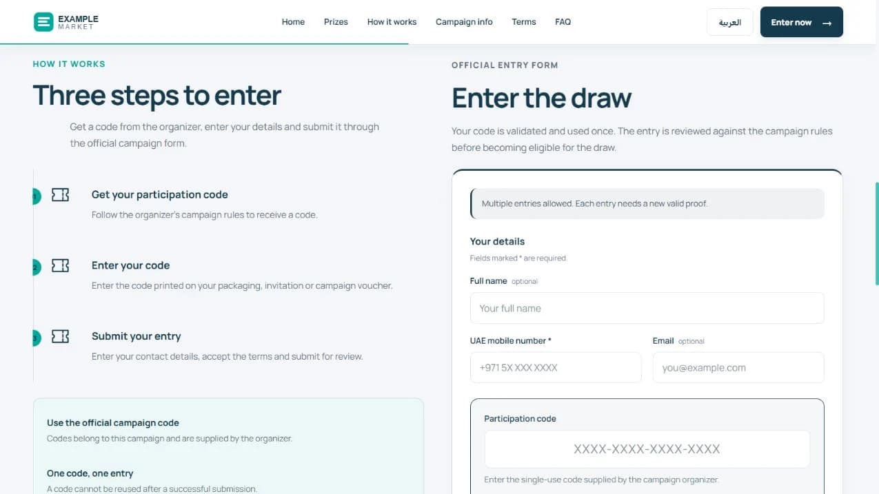 Example participation form with single-use code